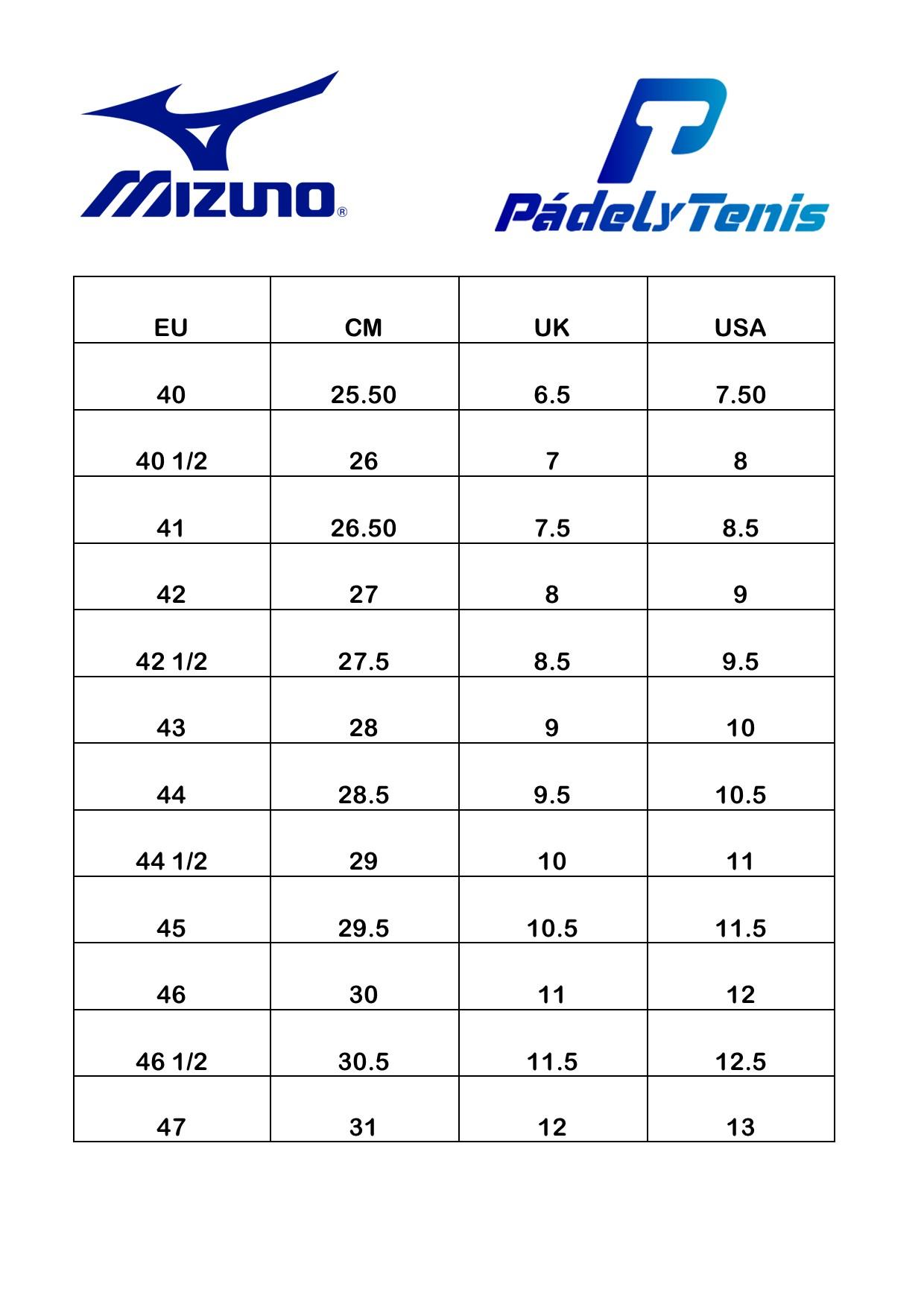 Tallas 2025 mizuno hombre